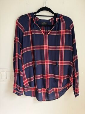 LUCKY BRAND Womens Crinkle Peasant Blouse Blue Red Plaid Metallic Rayon Boho